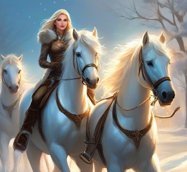 AI generated: landscape."And they carry me away into the ringing snowy distance, three white horses, oh three whit...