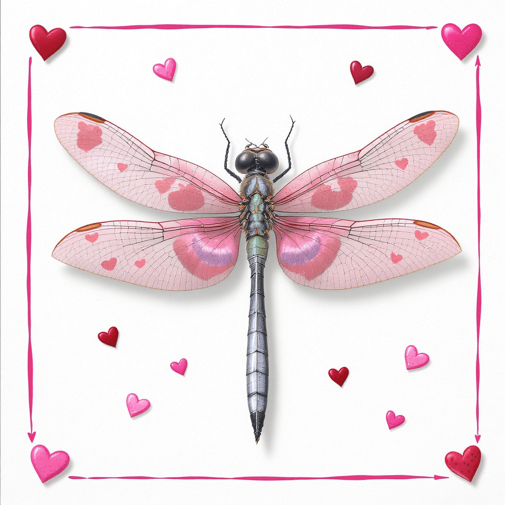 AI generated: a photorealistic illustration, of a dragonfly, with puffy, beautiful hearts, in a square border, sma...