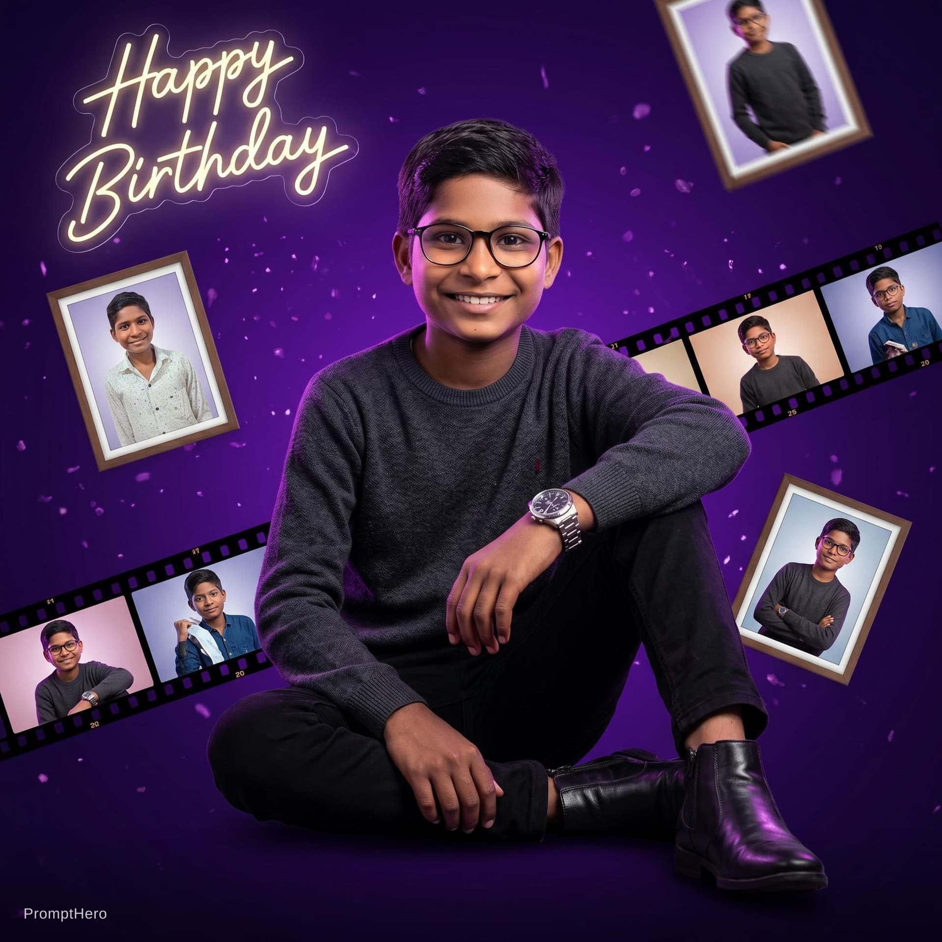AI generated: "Objective": "Create a stylish, cinematic birthday-themed studio portrait with a modern celebratory ...