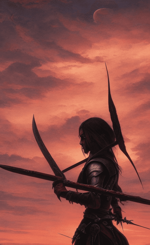 AI generated: A warrior lies defeated in a field of arrows, bloodstained and lifeless. The sky above is a dramatic...