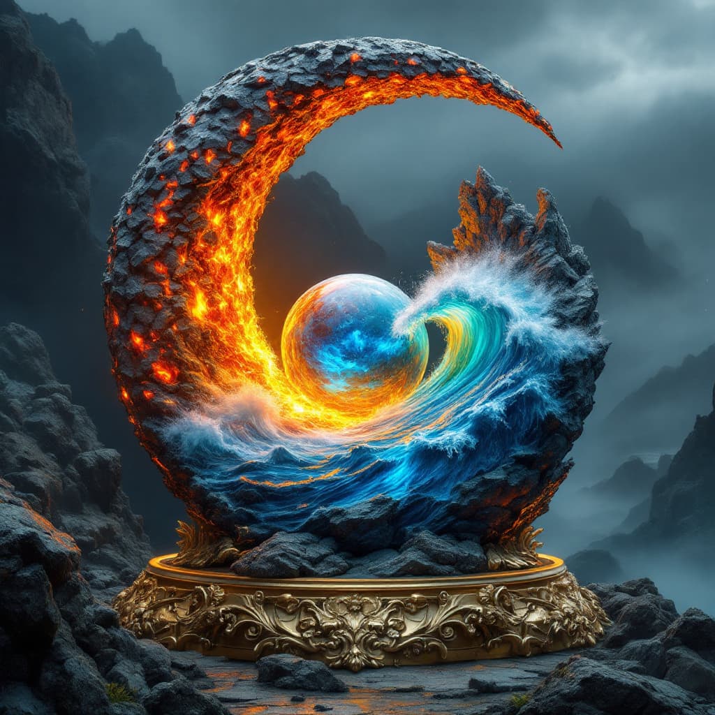 AI generated: A surreal, highly detailed sculpture representing the elemental balance of fire and water. The sculp...