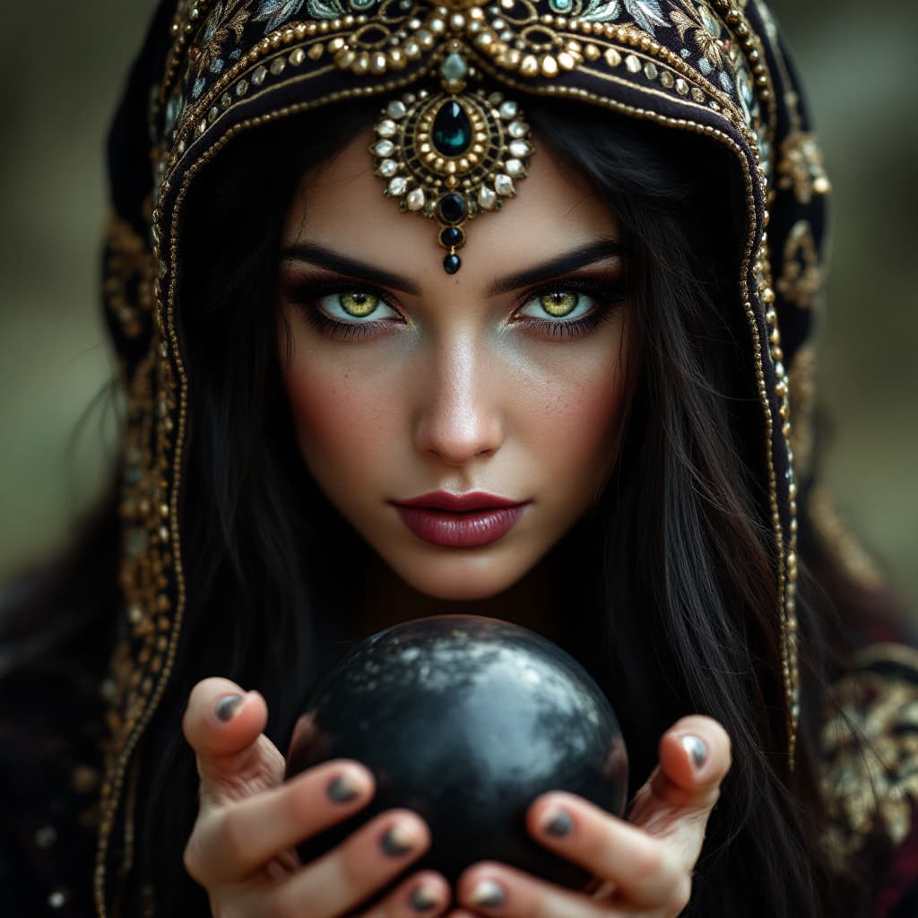 AI generated: hyper realistic photograph of A female fortune teller with long dark hair and green eyes, wearing an...