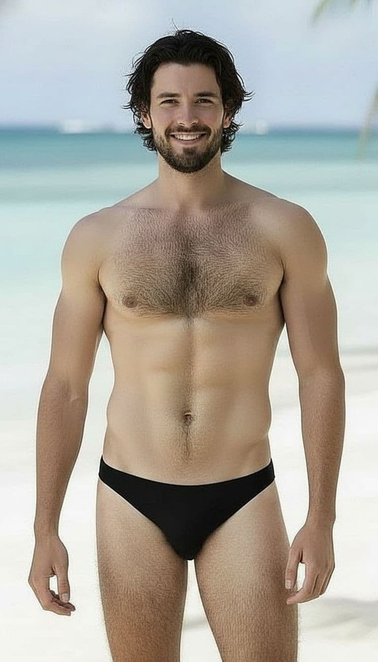 AI generated: Make shoulders broader
Make more muscular
Make hair on head longer 
Make bulge in swimsuit more p...