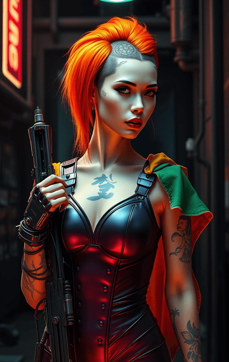 AI generated: A hyper-realistic, photorealistic full-body portrait of a cyberpunk geisha woman with vibrant, neon-...