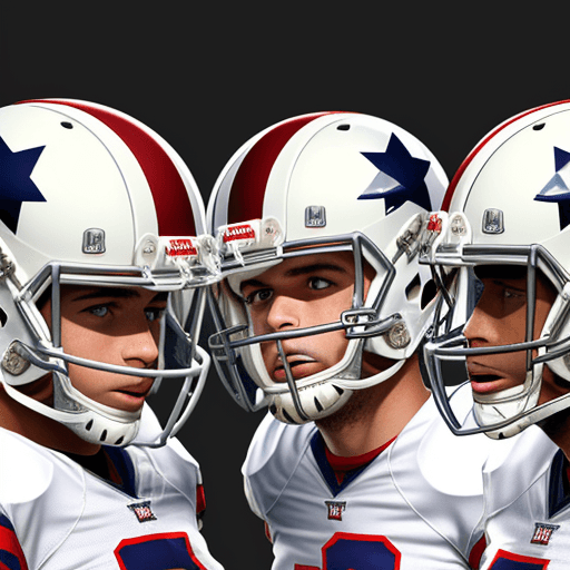 AI generated: front view of American football players, wearing white helmets, looking straight to the camera.