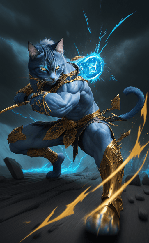 AI generated: "painterly style, cat warrior fighting at war, raging, Blue Fur, character design, body is adorned w...