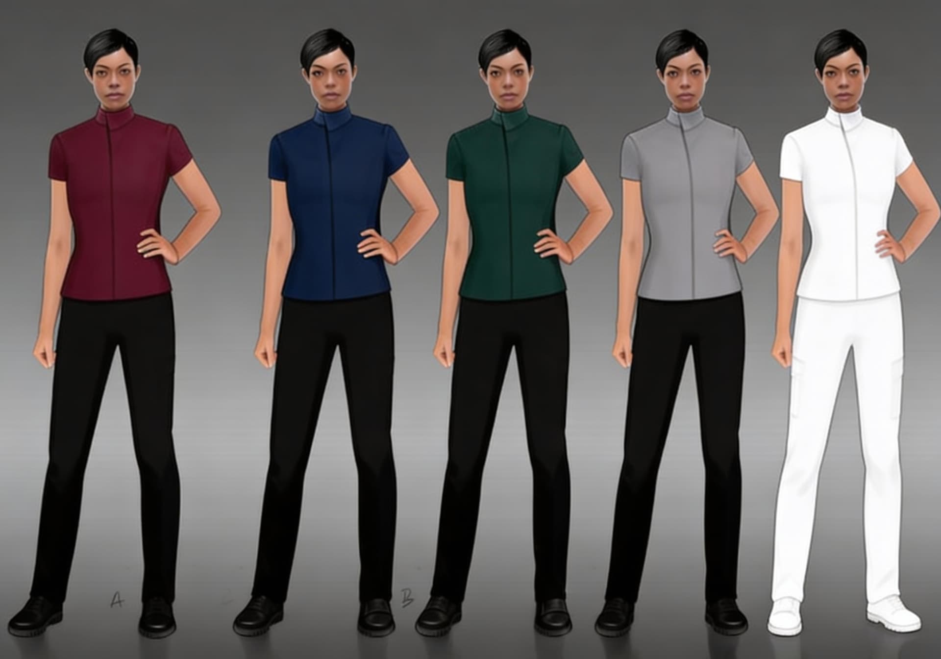 AI generated: These Sci-Fi Academia Provisional Initiate Cadet Uniform tops are too long. Show the Tops in Referen...