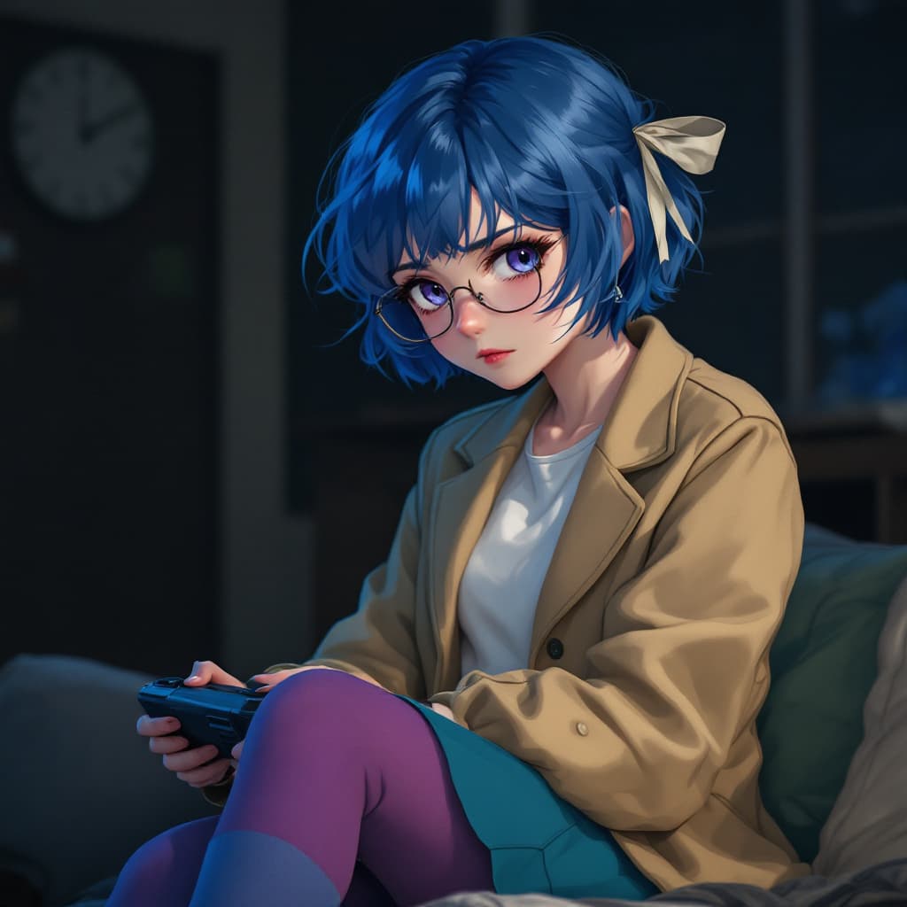 AI generated: a young beautiful female blue colored curly short hair with ribbon, sad face, no glasses, violet col...