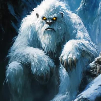 AI generated video: A snow creature looks at the camera curiously and screams as the camera pans 180 degrees 