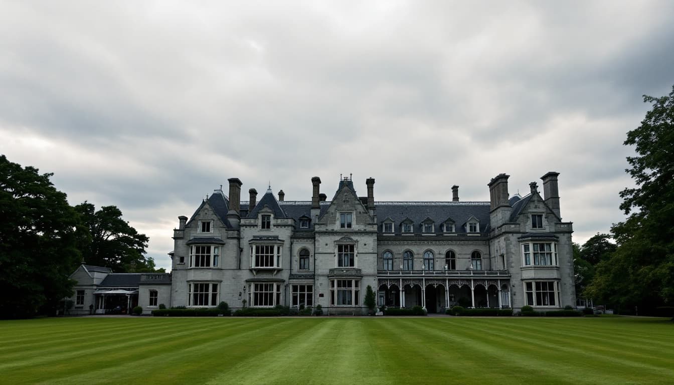 AI generated: a large, old mansion with a sprawling lawn in the foreground and a cloudy sky above. The mansion is ...
