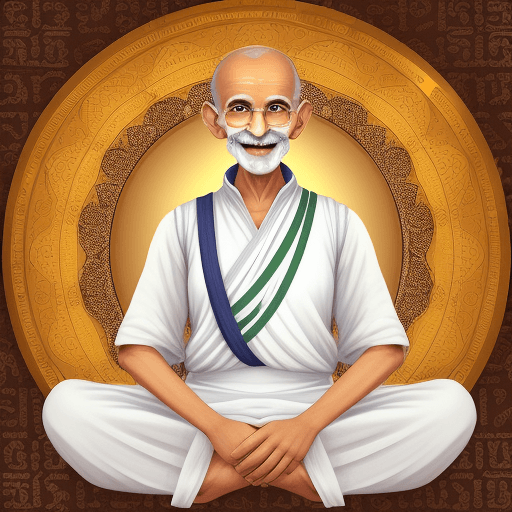 AI generated: Mahatma Gandhi ilustration with round glasses happy smiling eyes beardless india folk style crypto p...