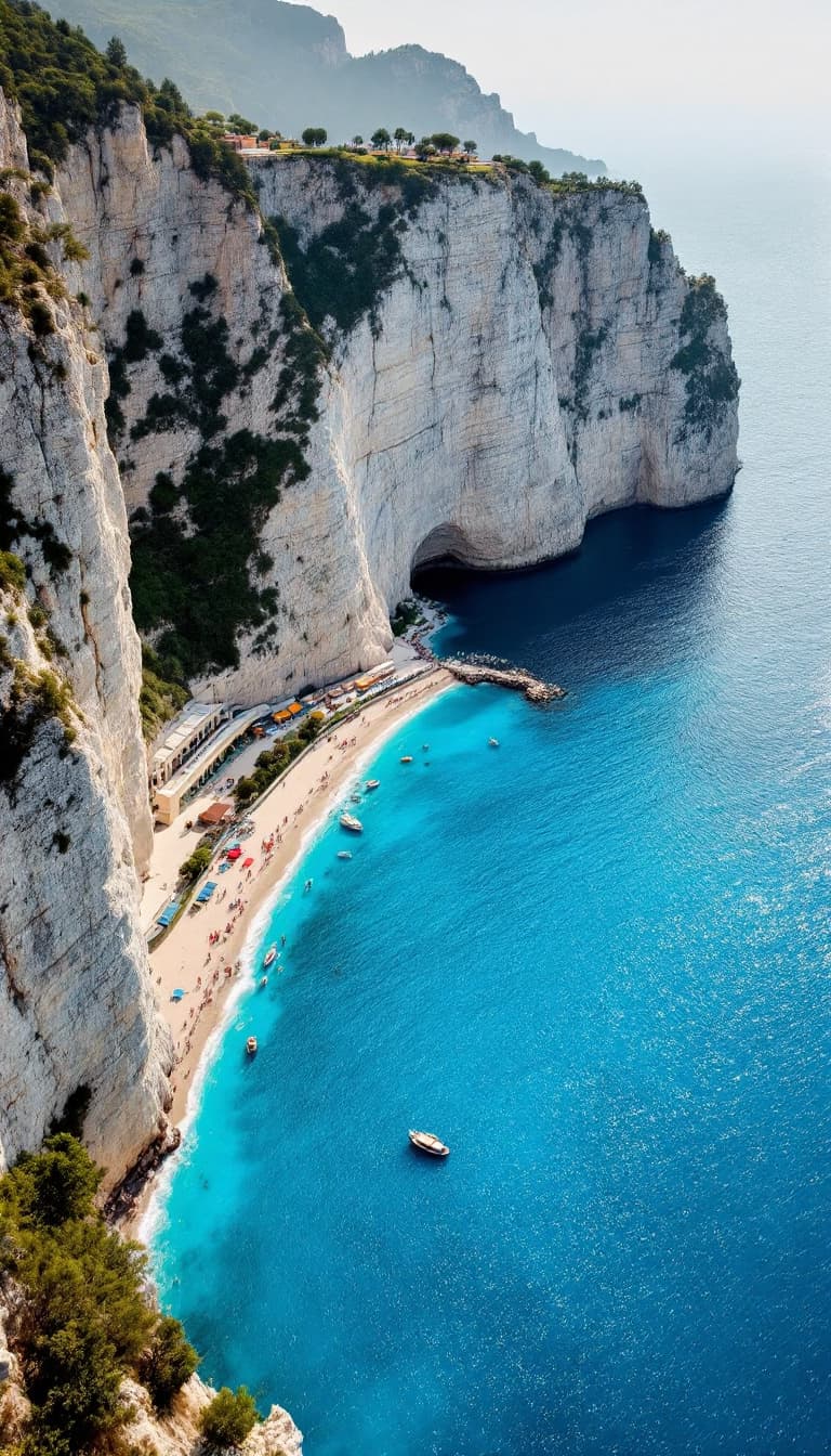 AI generated: A breathtaking drone shot of the Crimean coastline, featuring towering limestone cliffs plunging int...