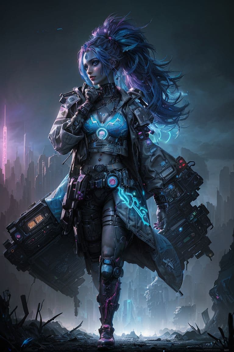 AI generated: ((A bright vivid chaotic cyberpunk female, Fantastic and mysterious, full makeup,blue sky hair, (nat...