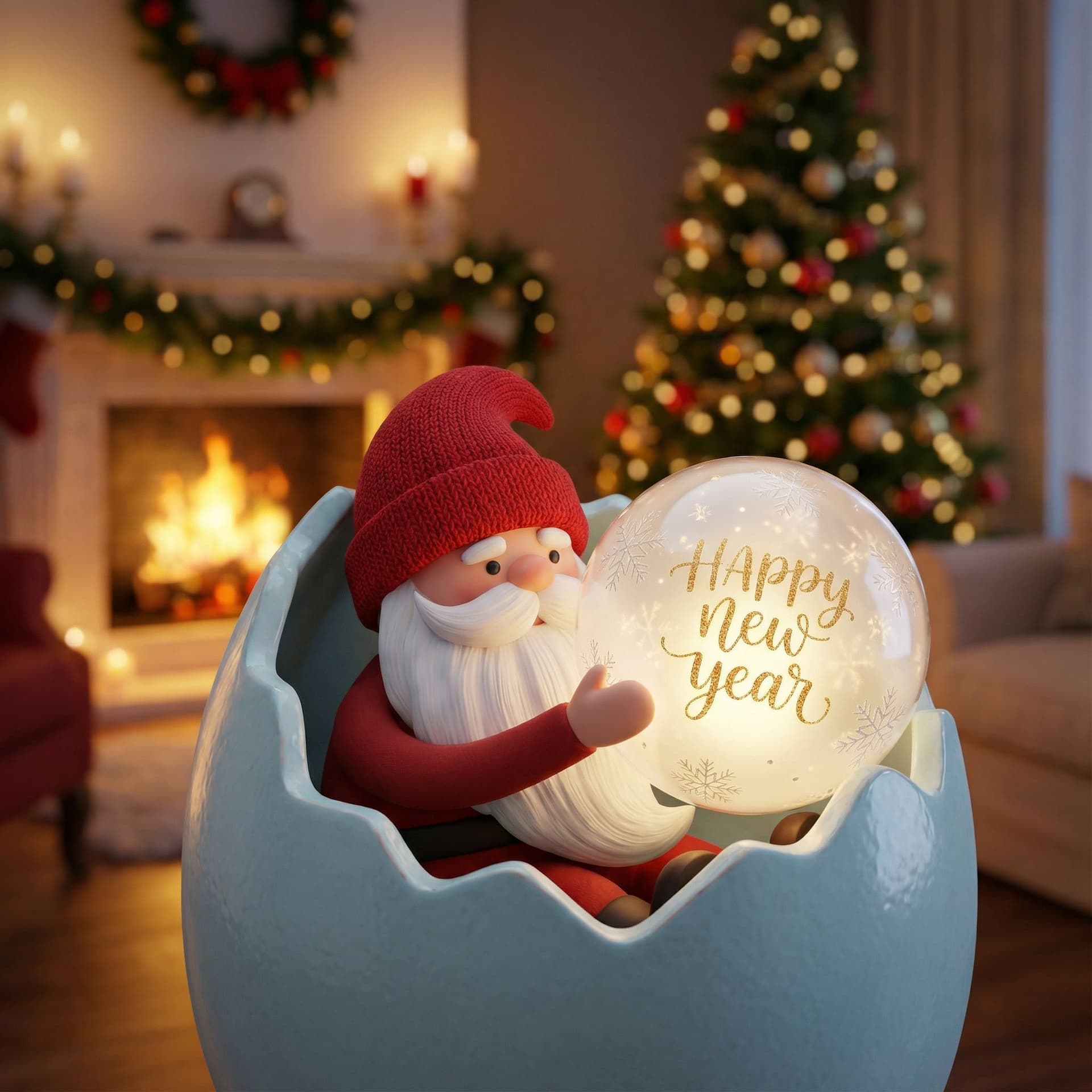 AI generated: A 3D representation of little cute santa claus sitting inside an egg shell and santa claus need to b...