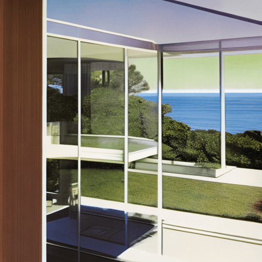 AI generated: Hyper realistic eye level exterior photo of a mid century modern style house overlooking the ocean, ...