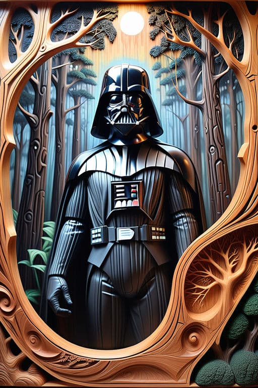 AI generated: painting made of carved wood, bathing in light, high detailed Darth Vader portrait,  enchanted, fant...