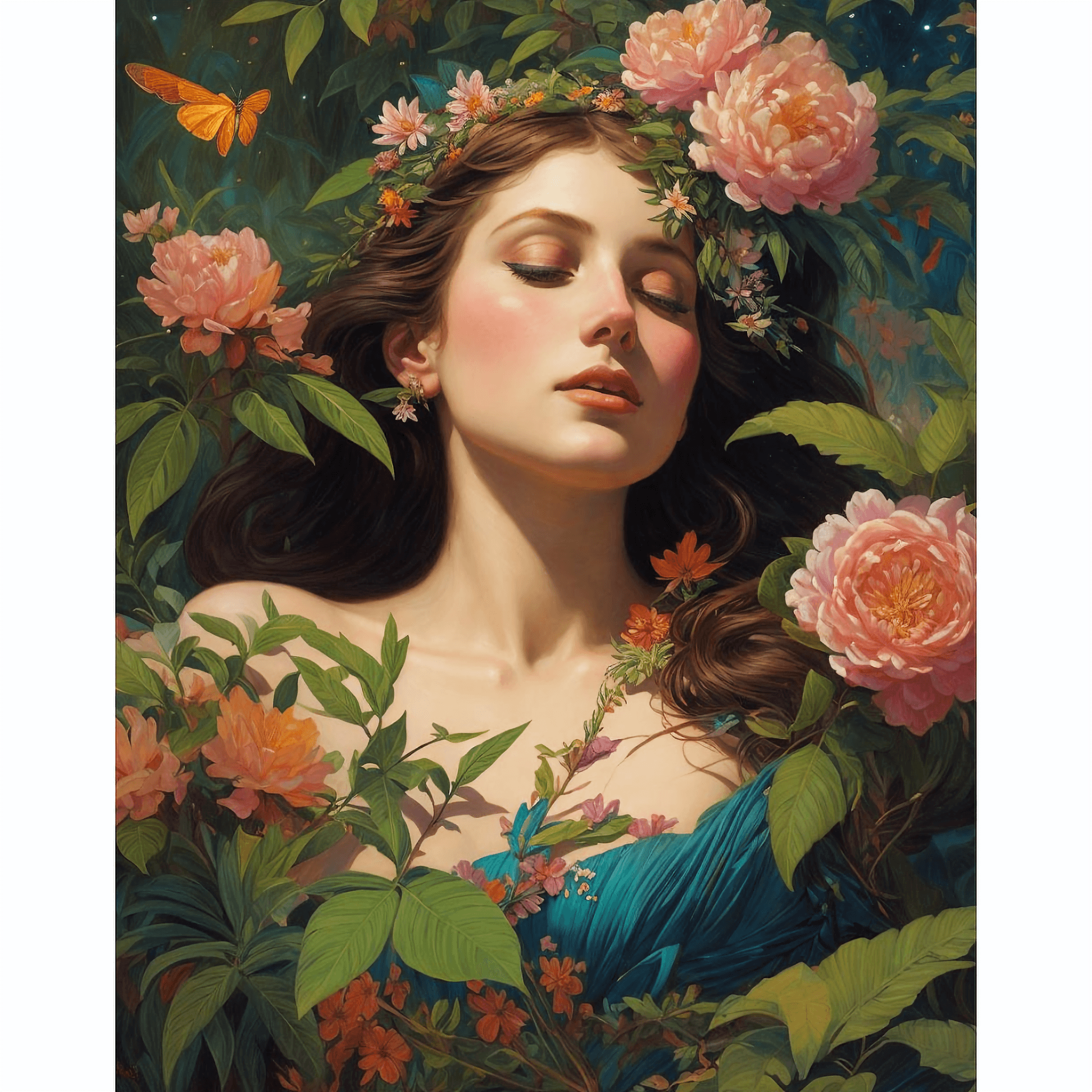 AI generated: painting of woman with body covered by plant and flowers, vibrant colors, night, lake, crystal clear...