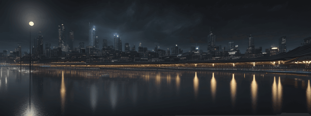 AI generated: Modern Melbourne cityscape, dark theme, night view, rain, water puddle reflections on streets, build...