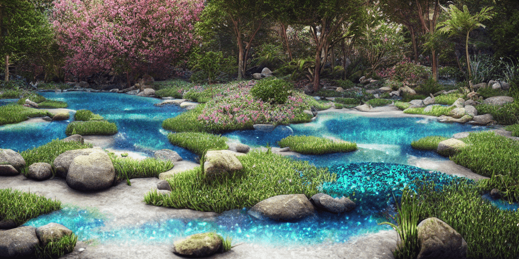AI generated: relaxing night Forest flower crystals::4 emitting glitter garden landscape with pool of clear water ...