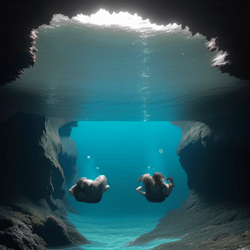 AI generated: two wales swimming in clear sea, many sea caves, seaweed