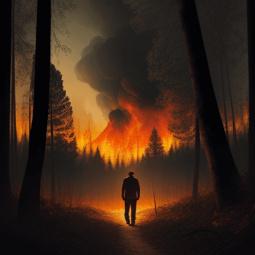 AI generated: A masterpiece of a lonely man walking through the trees with a forest on fire in the background, he ...