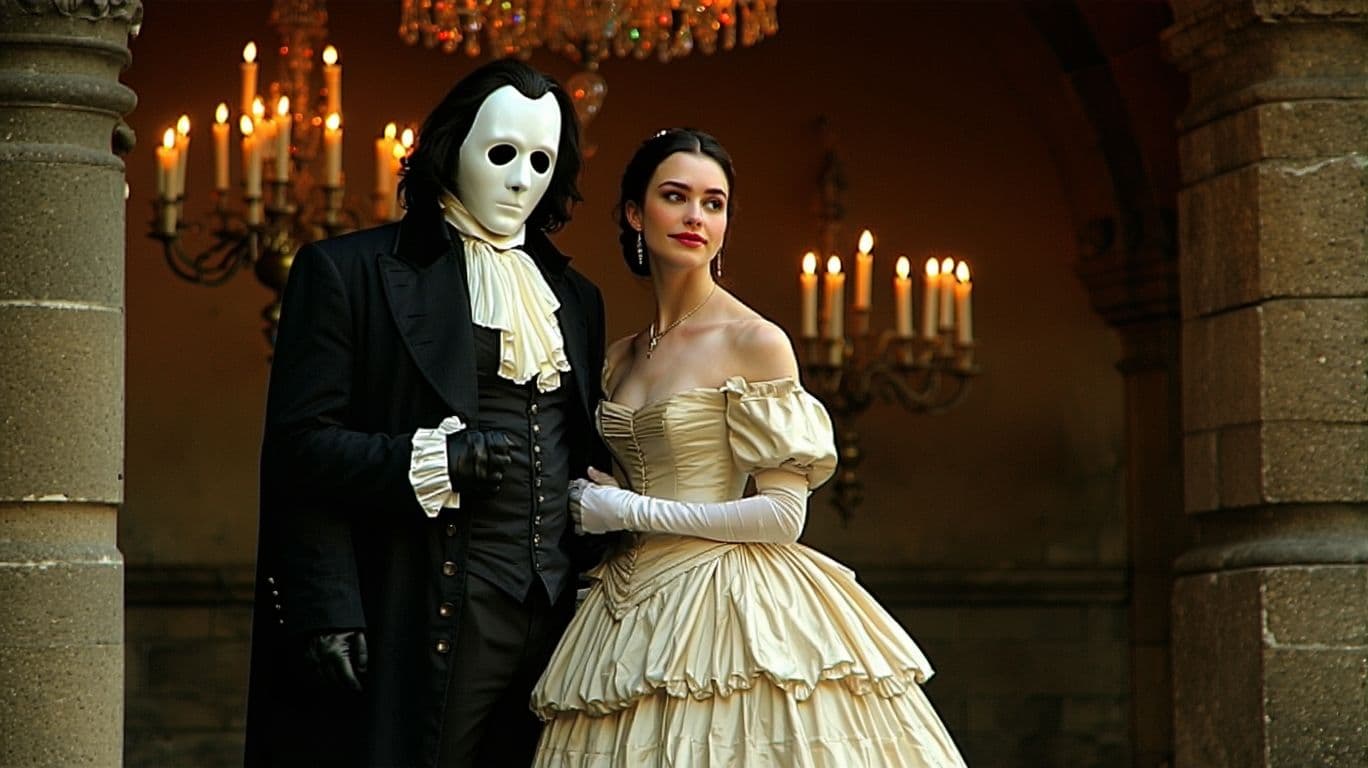 AI generated: Full indoor shot of two actors in character from the musical "The Phantom of the Opera". 

The woman...