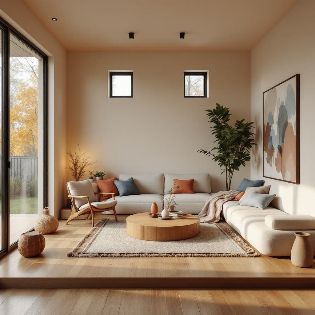 AI generated: High resolution photography interior design, dreamy sunken living room conversation pit, wooden floo...