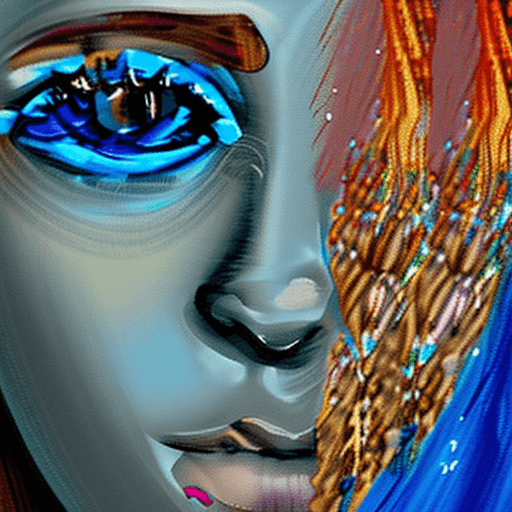 AI generated: portrait of a woman with piercing blue eyes and red hair, wearing a blue burka, expressive brushstro...