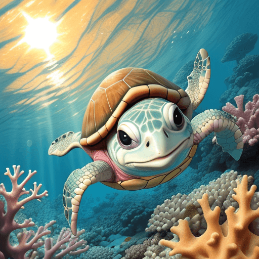AI generated: a cute swimming baby turtle with a smiling face in the colorful coral sea with a shining sun