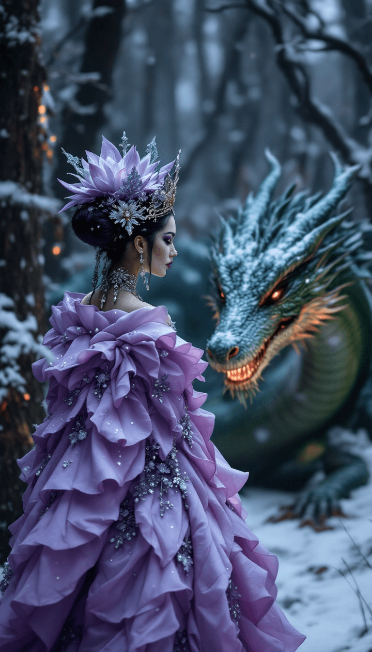 AI generated: candid closeup photo of an eccentric traditional lotus queen, standing next to a gigantic real green...