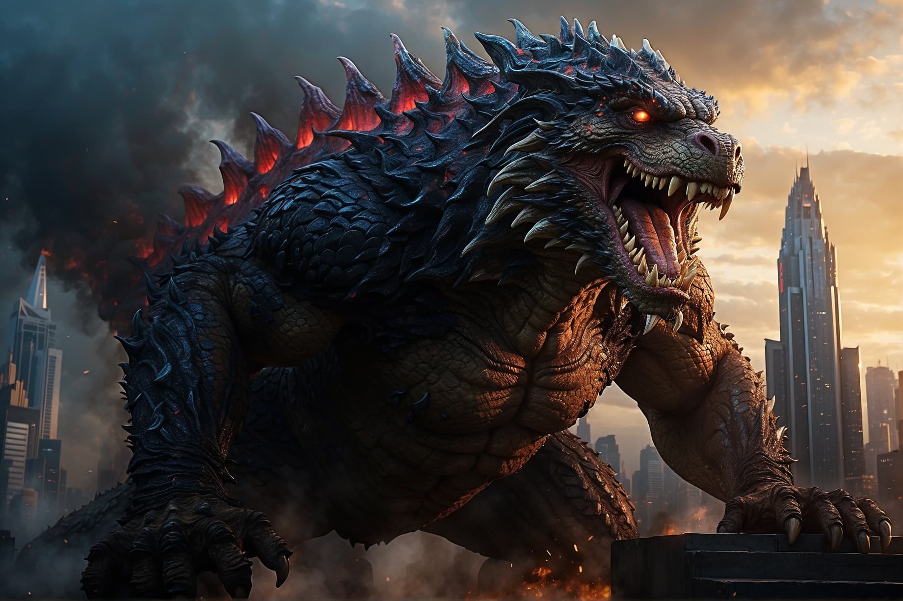 AI generated: A monstrous Godzilla, known for its destructive nature, unleashes chaos upon a bustling city. This v...