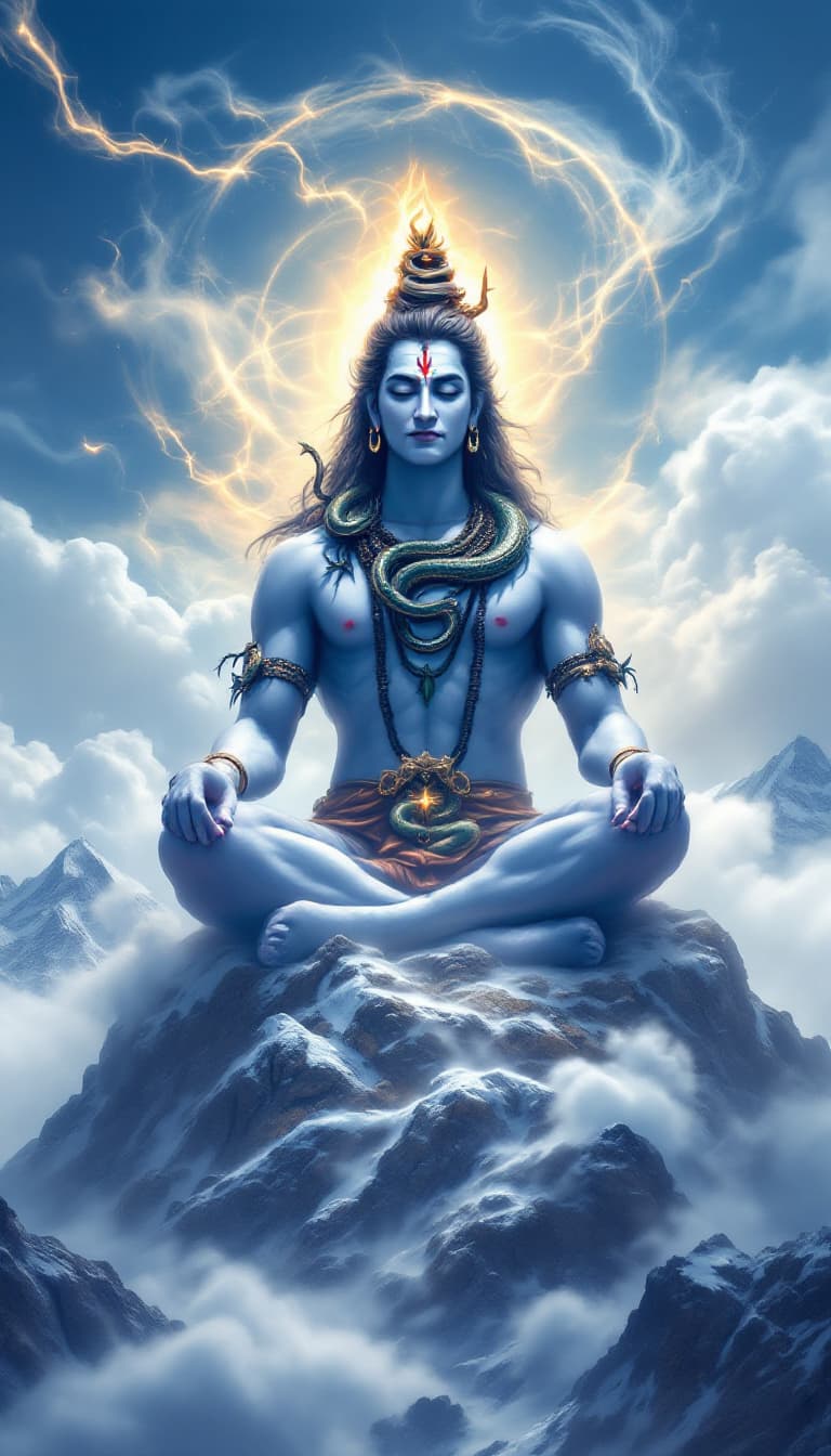AI generated: "Generate an image of god shiva, the Hindu deity, depicted seated in meditation atop Mountain. Show ...