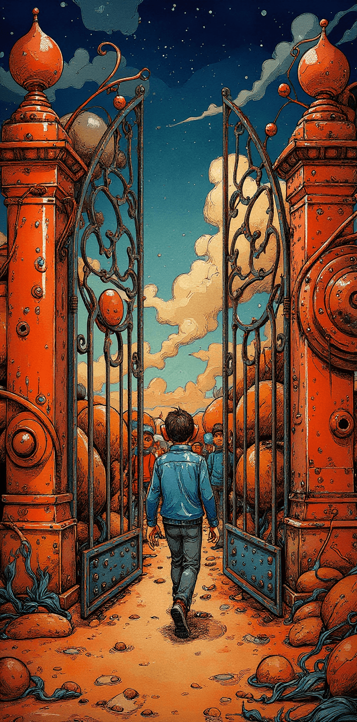 AI generated: People walking through a big gate, with a futuristic-looking face, in the style of fantastical contr...