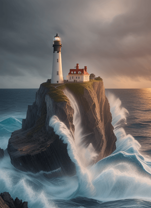 AI generated: Lighthouse on top of a rock in the middle of the sea lashed by ((big waves hitting the lighthouse)),...