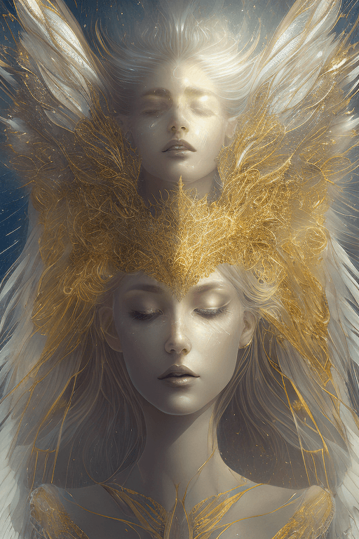 AI generated: A visual stunning photography of an angel wearing gold and silver crystal armor, heaven background, ...