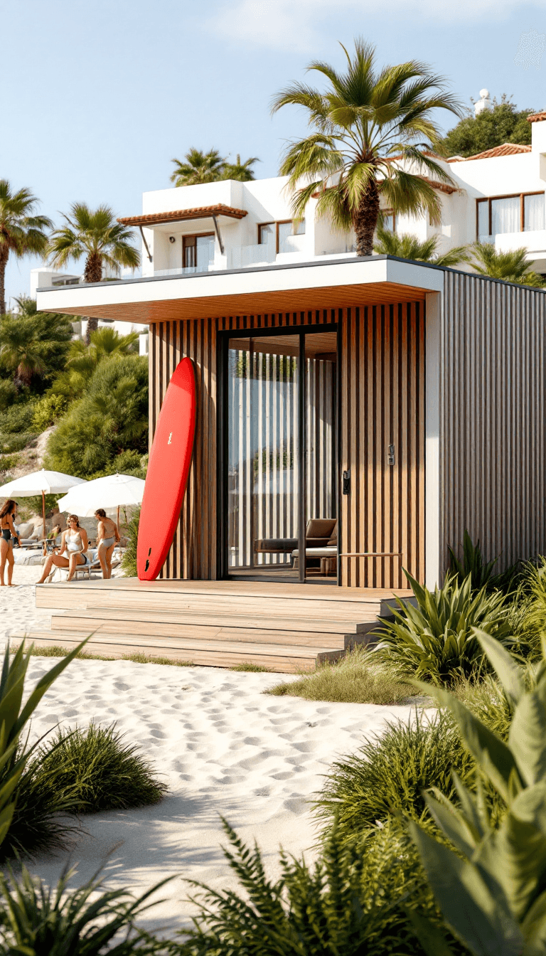 AI generated: A high-quality vertical rendering of a modern coastal lifeguard station with sleek wooden slats and ...
