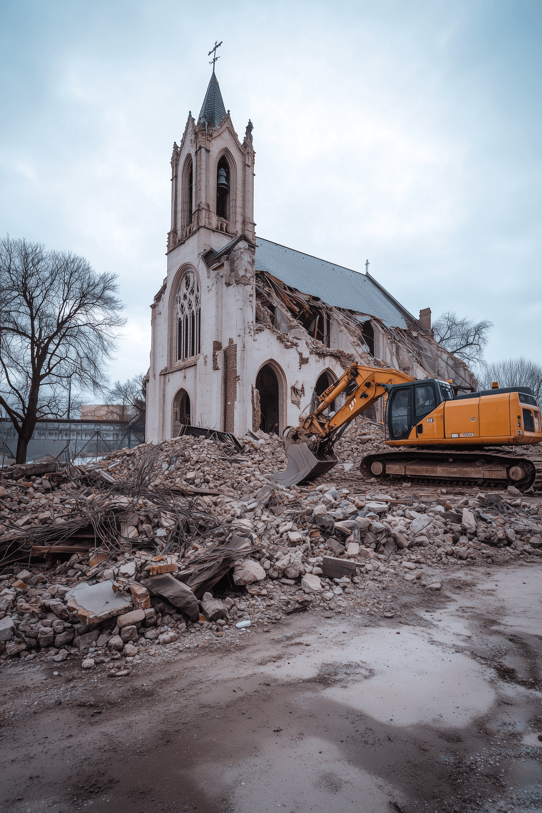 AI generated: A church being torn down, surrounded by rubble and bulldozers moving it away. Wide shot, photograph ...