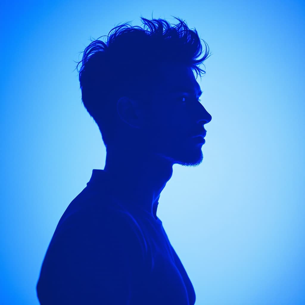 AI generated: photography, front, gaze, portrait, contrast, profile silhouette of a man against a vibrant deep blu...