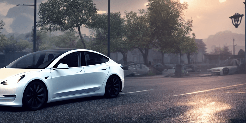 AI generated: photo of a ultra realistic white Tesla model 3, dramatic light, pale sunrise, cinematic lighting, ba...