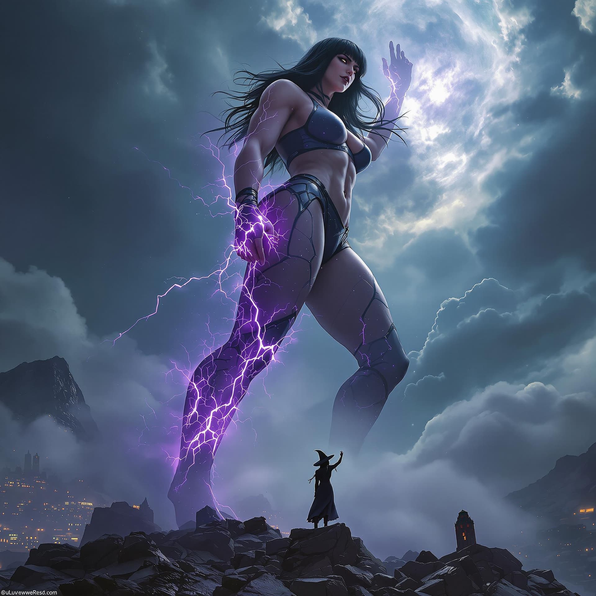 AI generated: enormous giantess female Rhea Ripley from WWE with black medium length hair and straight bangs, bigg...