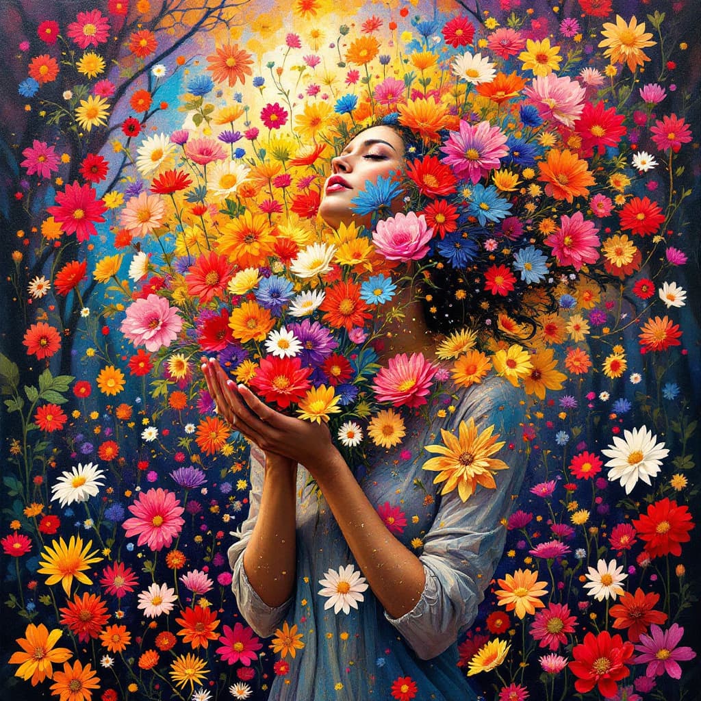 AI generated: A conceptual, vibrant painting of a woman standing amidst a whirlwind of flowers. Her hands are full...