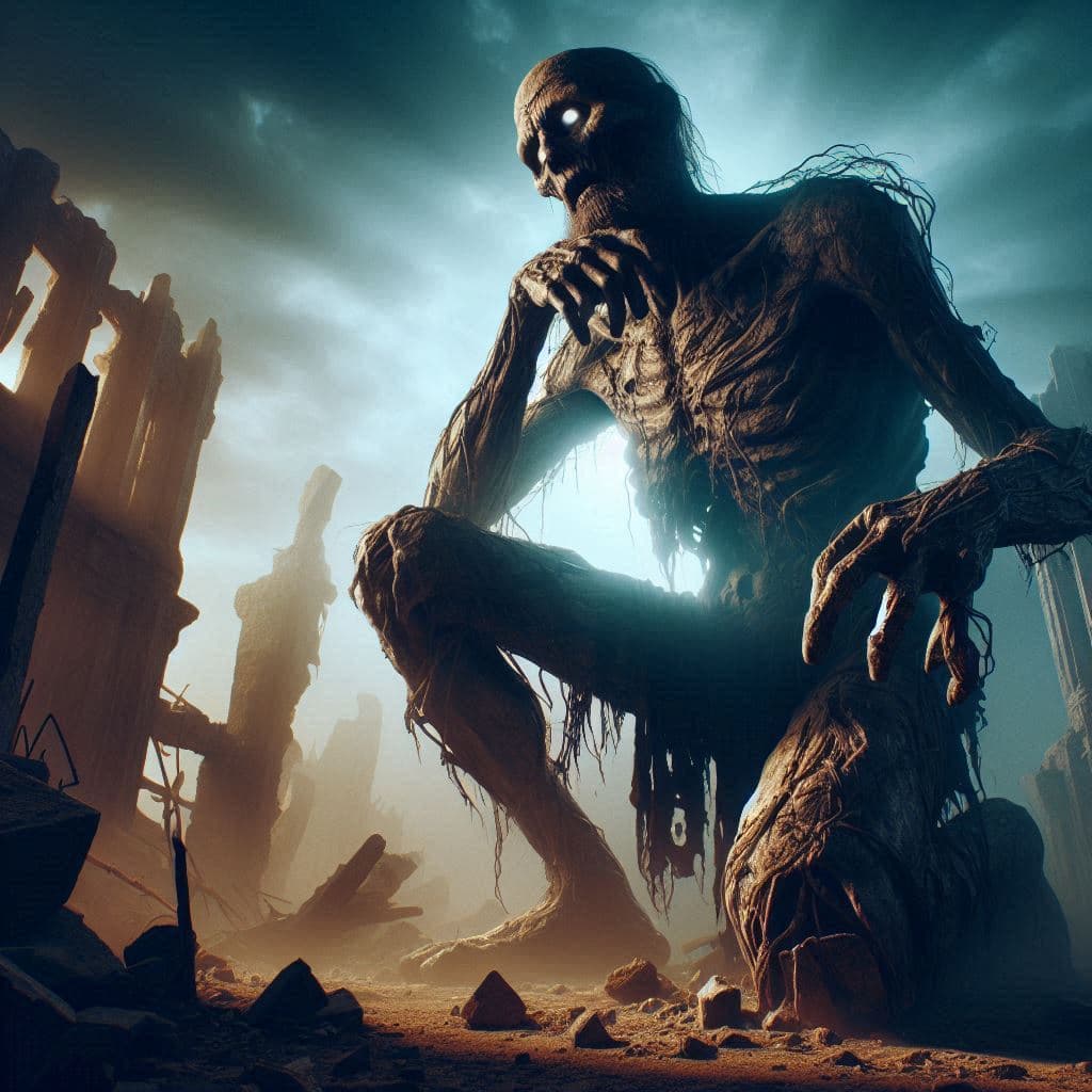AI generated: Goliath, the biblical giant, emaciated and skeletal from famine, towering over shattered buildings a...