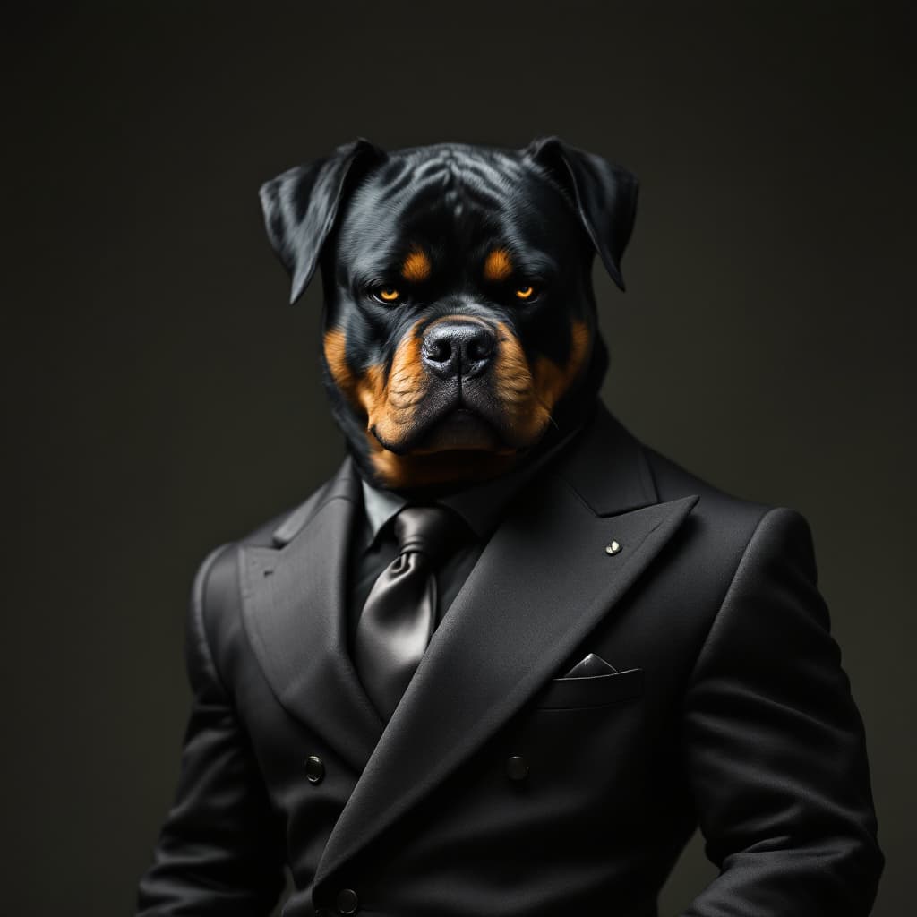 AI generated: A loyal and intimidating humanoid Rottweiler, with a muscular and robust build that reflects his str...