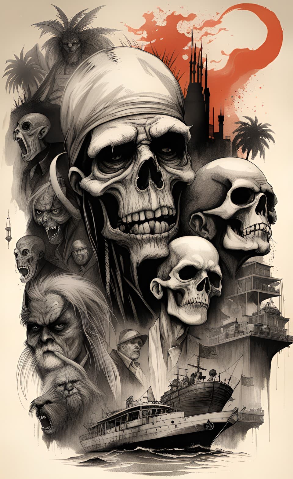 AI generated: A pencil sketch poster of the island of the dead, comic style, human skull figures and creatures of ...