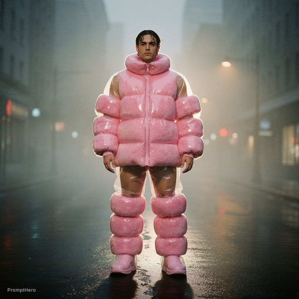 AI generated: Photographie de mode, mannequin homme en pied, vue de face centrale, portant un costume oversize en ...