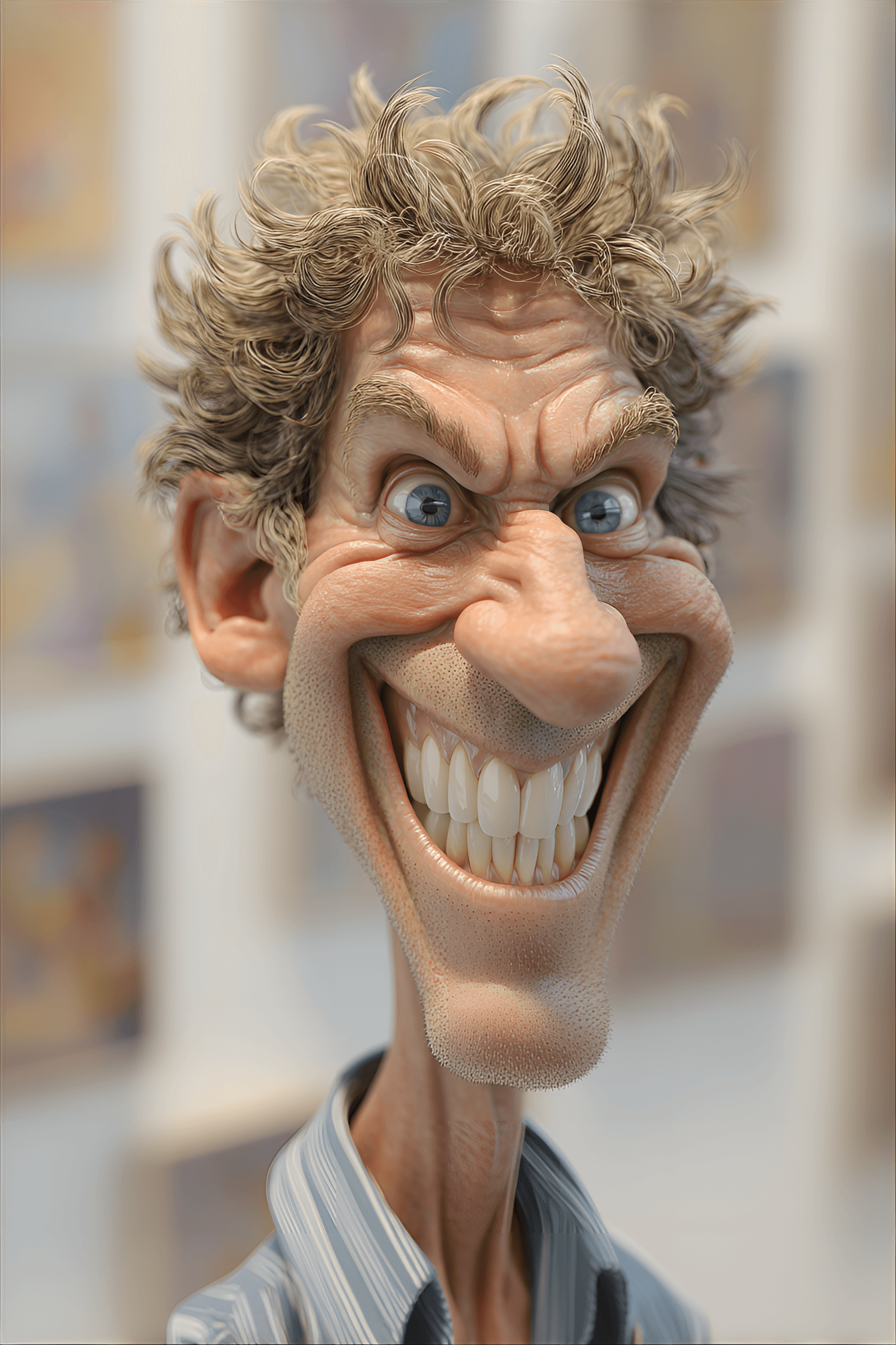 AI generated: funny caricature, exaggerated cartoon human, male, 40 years old, wild-haired, big-nosed, toothy, imp...