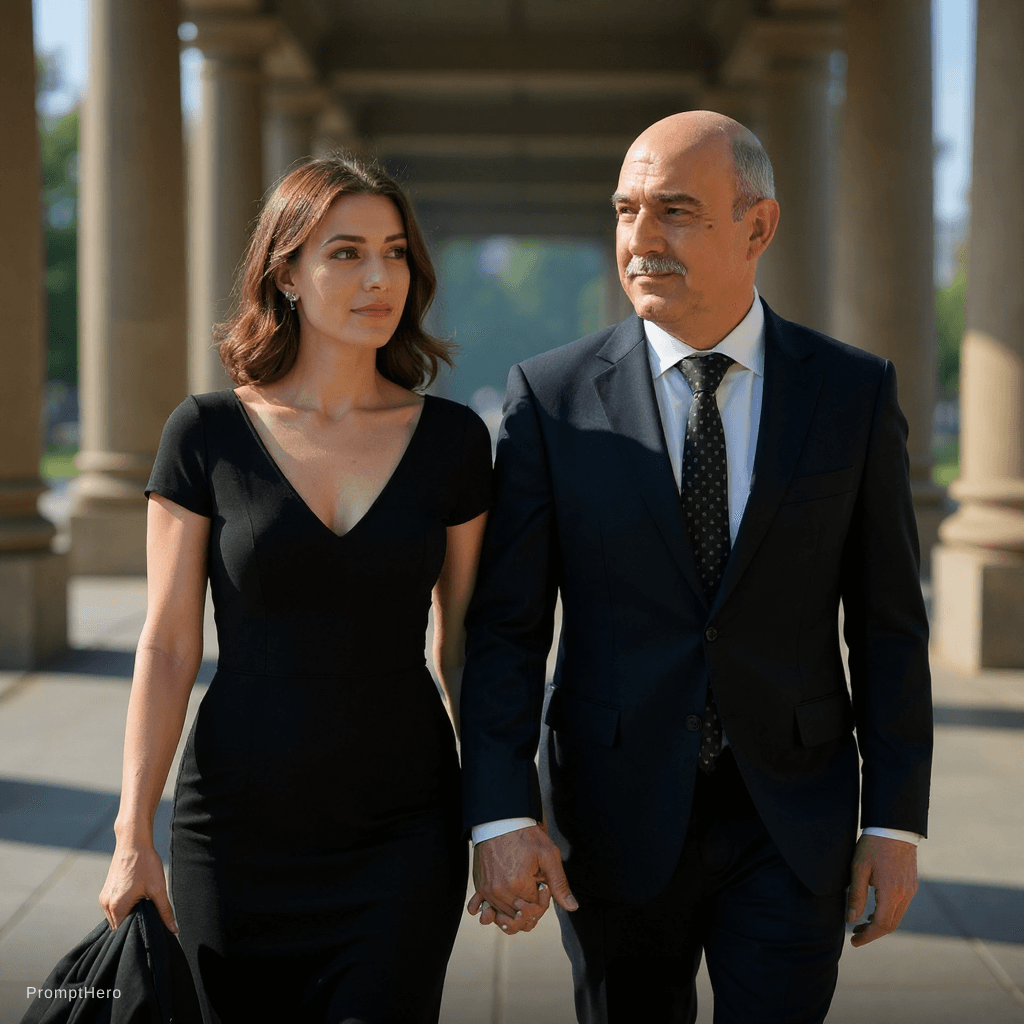 AI generated: A cinematic candid medium shot portrait of a man and a woman walking side by side along a bright urb...