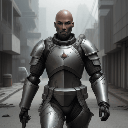 AI generated: black armed male figure in battle armor, bald head, armed figure, weapon in hand, aiming, scarred, w...