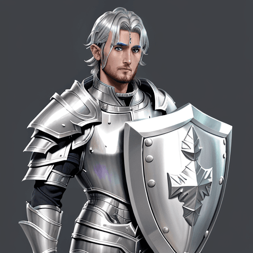 AI generated: paladin human man with silver hears grey big eyes and with a shield on his back, 29 years old, smal ...