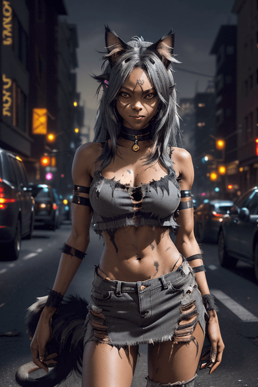 AI generated: a humanoid female feline with human traits, golden glowing eyes, tight ripped up jeans miniskirt, ri...